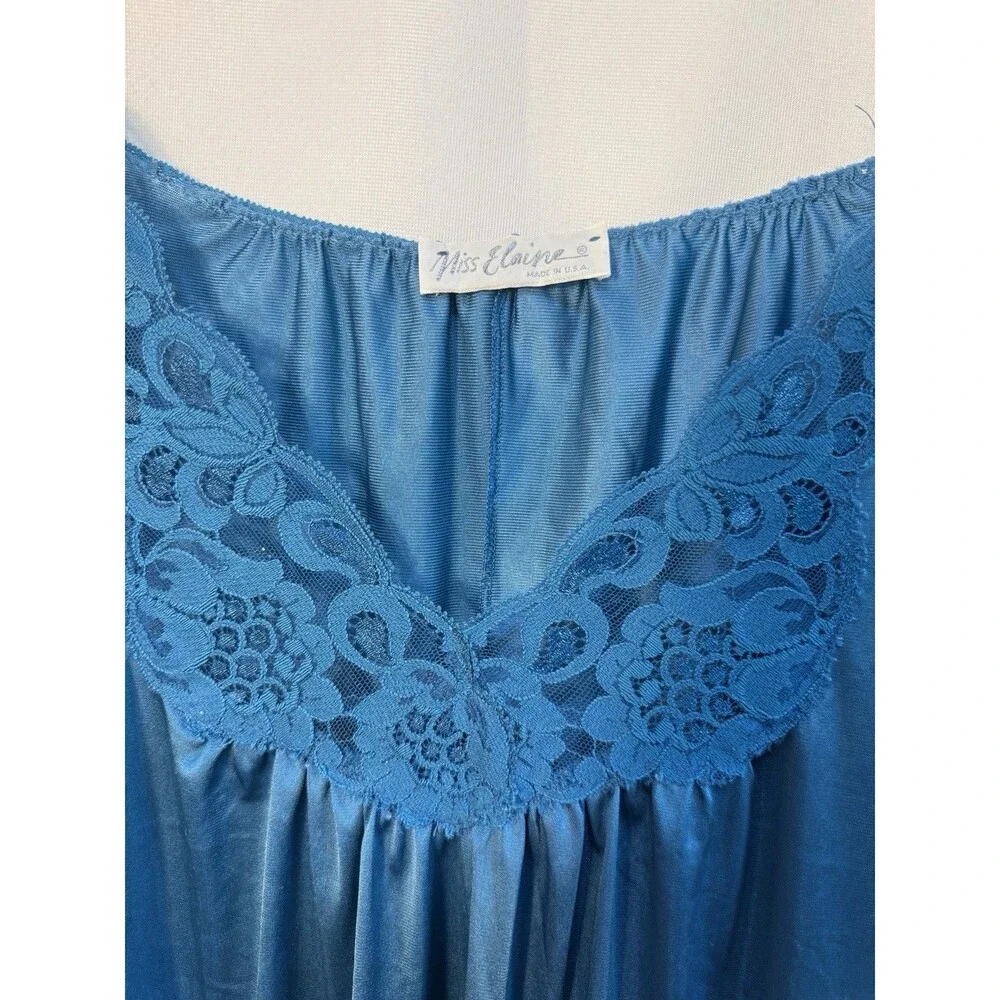 Vintage Miss Elaine Nightgown Dress Babydoll Turquoise blue Nylon Large Made USA